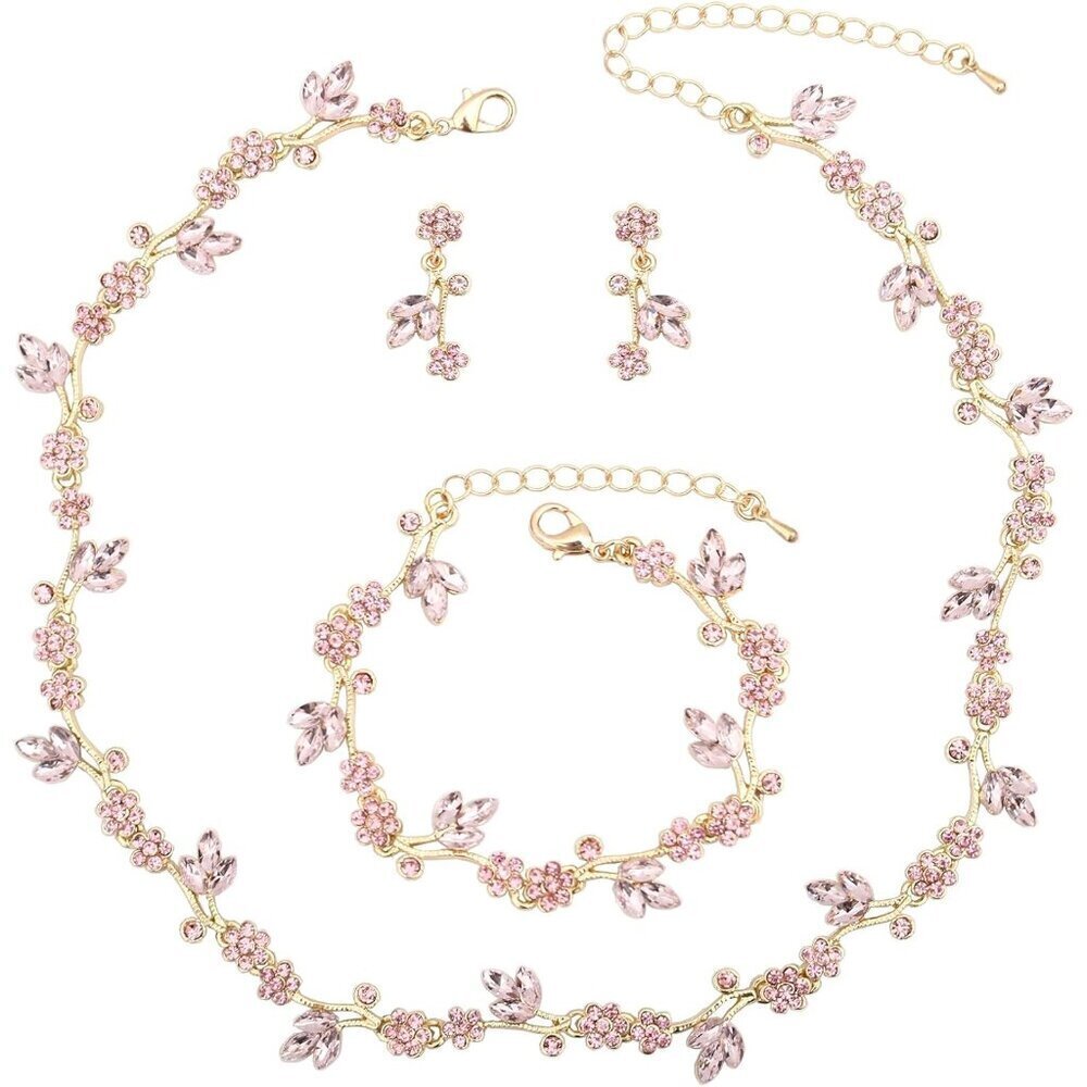 Flower Leaf Jewelry Set Choker Earrings Bracelet Wedding Prom Crystal Gold
